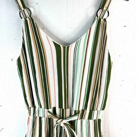 Derek Heart L Striped Jumpsuit O-Ring Straps Wide Leg Pocketed Jumpsuit in Green - Picture 2 of 11